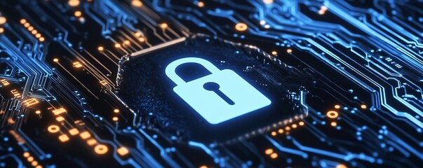 Aufkleber - Glowing padlock icon securing digital circuit board