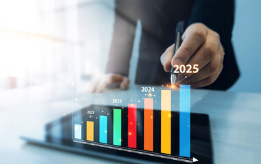 Aufkleber - Development corporate to business success and achievement in 2025 year.Business plan in company 2025.Businessman touching growth chart from success year 2025.