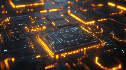 Technology circuit concept rendered in 3D. Abstract data pattern rendered in depth of field.