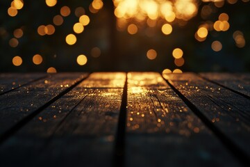Wall Mural - A beautiful wooden surface reflecting glowing lights, creating a warm and inviting atmosphere with enchanting bokeh effects.