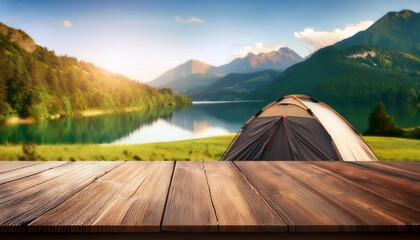 wooden table top with camping tent and lake in mountains background banner for product display presentation of food