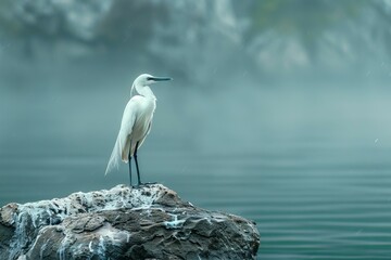 Wall Mural - White egret is standing on a rock by the water on a rainy day