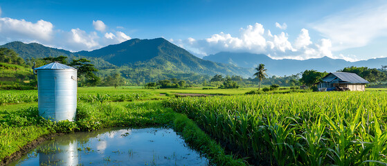 Wall Mural - Farm implements rainwater collection system for sustainable crop irrigation