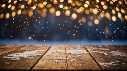 Wall Mural - Rustic wood board table surface mockup background with gold bokeh lights and winter snow