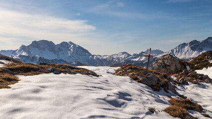 Wall Mural - Trekking day in a snowy autumn in the Dolomiti Friulane, Friuli-Venezia Giulia