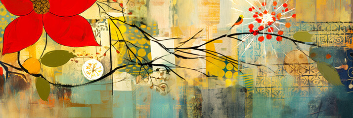 Leinwandbilder - Bright red flowers and branches create an elegant abstract composition filled with diverse textures and harmonious colors