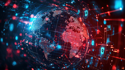 Leinwandbilder - The globe is illuminated by dynamic data streams and technology symbols, highlighting global connectivity and innovation