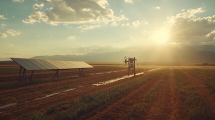 Wall Mural - a solar-powered irrigation system in a remote agricultural field, showing alternative energy use in 
