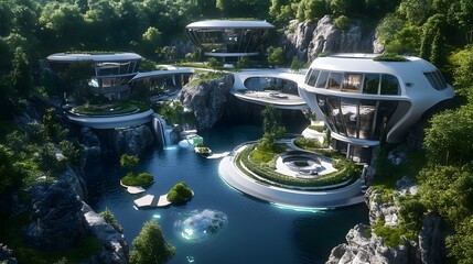 Wall Mural - An aerial view of a futuristic mansion with floating structures and advanced landscaping technology in a natural setting. No text, no logo, wide angle shot, Cinematic Scene, 4k resolution, cinematic