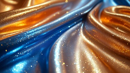 Poster - The vibrant fabric displays rich blue and orange shades, with soft folds creating a dynamic texture. The surface sparkles under warm lighting, enhancing its luxurious appearance.
