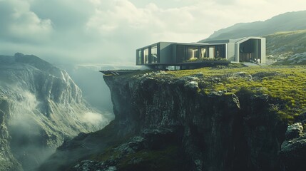 Wall Mural - A high-tech estate located on a remote hillside with expansive views, blending innovative design and natural elements. No text, no logo, wide angle shot, Cinematic Scene, 4k resolution, cinematic