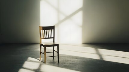 Poster - A minimalist room background with a single wooden chair against a white wall, highlighting high contrast between light and dark. Wide angle shot, Cinematic Scene, 4k resolution, cinematic scene