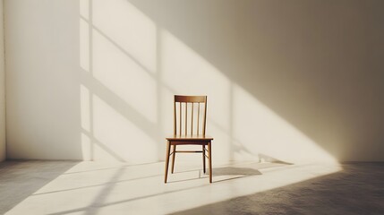 Poster - A minimalist room background with a single wooden chair against a white wall, highlighting high contrast between light and dark. Wide angle shot, Cinematic Scene, 4k resolution, cinematic scene