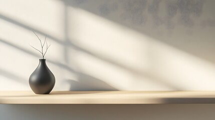 Poster - A minimalistic room scene with a sleek black vase on a light wooden shelf, showing strong contrast between dark and light surfaces. Wide angle shot, Cinematic Scene, 4k resolution, cinematic scene