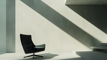 Poster - A room with a black armchair against a light gray wall, embodying a minimalist contrast style with sleek, clean lines. Wide angle shot, Cinematic Scene, 4k resolution, cinematic scene