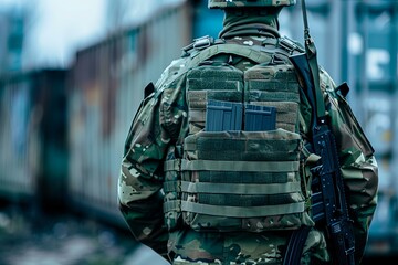 Wall Mural - Soldier wearing tactical gear patrolling near train cars