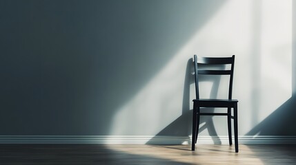 Poster - A black wooden chair against a light gray wall in a minimalist room, showcasing contrast and simplicity. Wide angle shot, Cinematic Scene, 4k resolution, cinematic scene