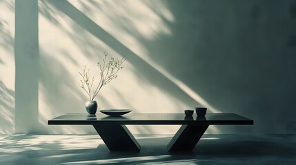 Poster - A dark coffee table against a light wall, with a minimalist arrangement of objects, creating high contrast. Wide angle shot, Cinematic Scene, 4k resolution, cinematic scene