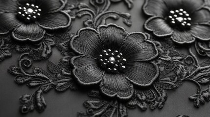Aufkleber - The artwork displays beautifully crafted black embroidered flowers with delicate details on a dark fabric, highlighting textile craftsmanship and elegance.