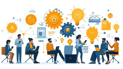 Business team working on mobile phones and laptop with business ideas icons