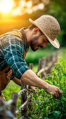 Wall Mural - Worker installs eco-friendly fencing to promote nature conservation for livestock