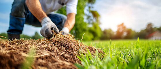 Canvas Print - Worker utilizes biodegradable mulch to enhance crop growth and promote nature conservation