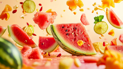 Poster - Juicy watermelon slices and tropical fruits are flying through the air, creating a colorful display that captures the essence of summer festivities and freshness