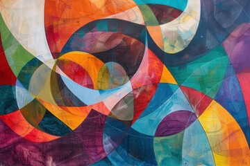 Aufkleber - Colorful abstract mural featuring dynamic shapes and vibrant patterns displayed on a city wall during daylight