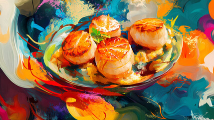 Wall Mural - Abstract art. colorful painting art of an exquisite plate of food. pan-seared scallops with saffron risotto. generative ai. Exquisite. Illustration