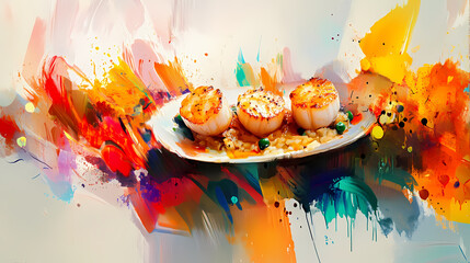 Wall Mural - Abstract art. colorful painting art of an exquisite plate of food. pan-seared scallops with saffron risotto. generative ai. Exquisite. Illustration