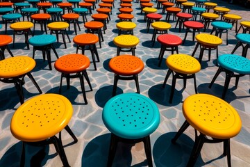 Aufkleber - Abstract design of desks and chairs arranged in a classroom pattern, simple lines and muted colors