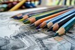 © juliars - Set of colouring pencils are laying on a sketch pad with a nature drawing, sharpened and ready for creating art