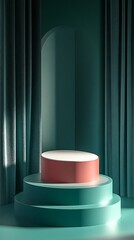 Fototapete - Round podium displaying products on teal stage with curtains and arch