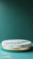 Fototapete - Round marble and gold podium on turquoise background for product placement