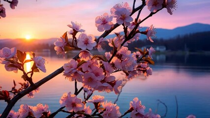 Wall Mural - Sunset blooming cherry blossoms by the serene lake with mountains in the background during springtime