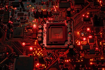 Fototapete - A close-up view of a modern computer circuit board illuminated by vibrant lights, showcasing intricate patterns and components during a tech-oriented exploration at night