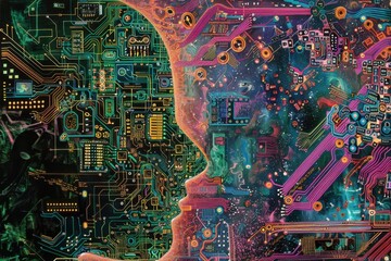 Aufkleber - A digital representation of a woman's profile intertwined with circuitry, reflecting the fusion of human and technology in a futuristic setting
