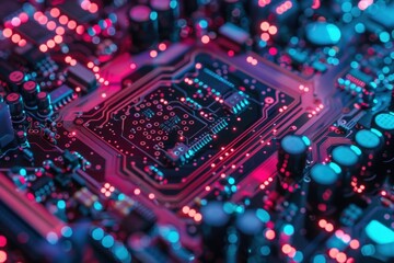 Fototapete - A close-up view of a modern computer circuit board illuminated by vibrant lights, showcasing intricate patterns and components during a tech-oriented exploration at night