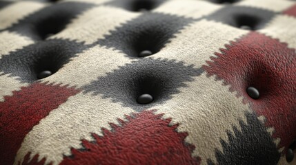 Aufkleber - A close-up view reveals intricate details of a cushioned surface covered in a plaid pattern. The fabric showcases rich colors of red, black, and beige with button tufting, highlighting texture.