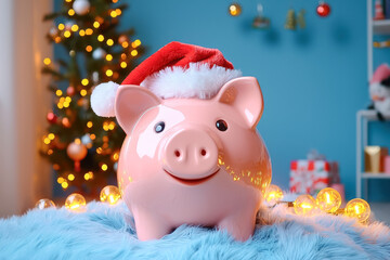 Wall Mural - Festive Piggy Bank with Santa Hat in Christmas Decor. A pink piggy bank wearing a Santa hat, placed on a soft blue blanket, with a Christmas tree and glowing lights in the background.
