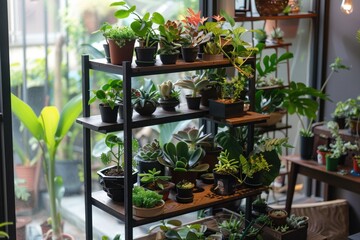 Poster - Indoor plant display showcasing vibrant greenery on a wooden shelving unit by the window during daylight hours