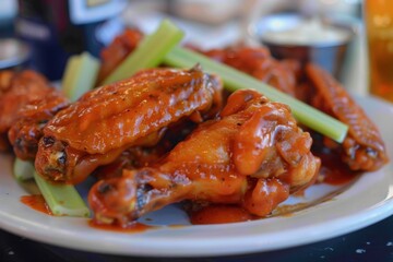 A plate full of spicy chicken wings garnished with celery sticks, served at a casual dining event during the evening, perfect for sharing and enjoying with friends