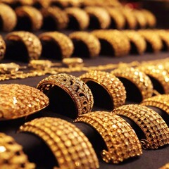 Wall Mural - Full Shot of Gold Jewelry Display: A full shot of a display of various gold jewelry pieces, taken at eye level with deep focus to showcase the intricate designs and polished surfaces of the gold in a 