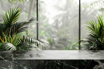 Wall Mural - Empty black marble table and tropical plants behind textured glass panels.