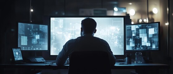 Wall Mural - a figure immersed in digital data on multiple screens, illuminated dimly, suggesting depth and focus