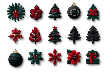Poster - Simple red and green holiday ornament icon set in a flat, modern style