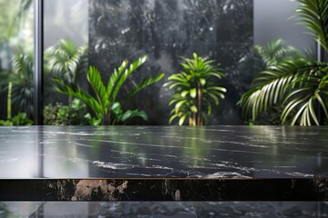 Wall Mural - Empty black marble table and tropical plants behind textured glass panels.