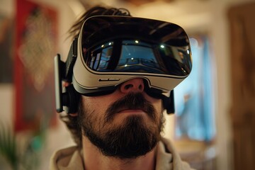 Poster - A woman experiences virtual reality in a vibrant, colorful setting while wearing a headset and headphones, fully immersed and engaging with digital elements