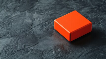 Fototapete - A vibrant orange box resting on a textured dark surface, showcasing a minimalist design and bold color contrast.