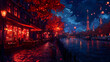 © queen - Illustration - Red City Nightscape River Cafe